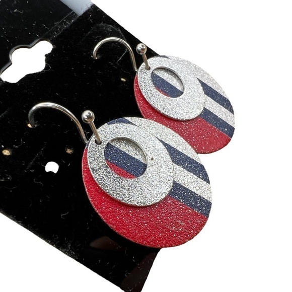 Handmade Red White Blue Silver Dangle Drop Earrings - Picture 1 of 6